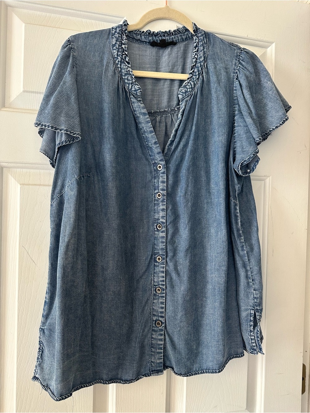 Denim Button-Front Short Sleeve Top